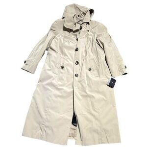 London Fog Coat Womens 18W Beige Hooded Long Raincoat Lined Plus Trench Classic
